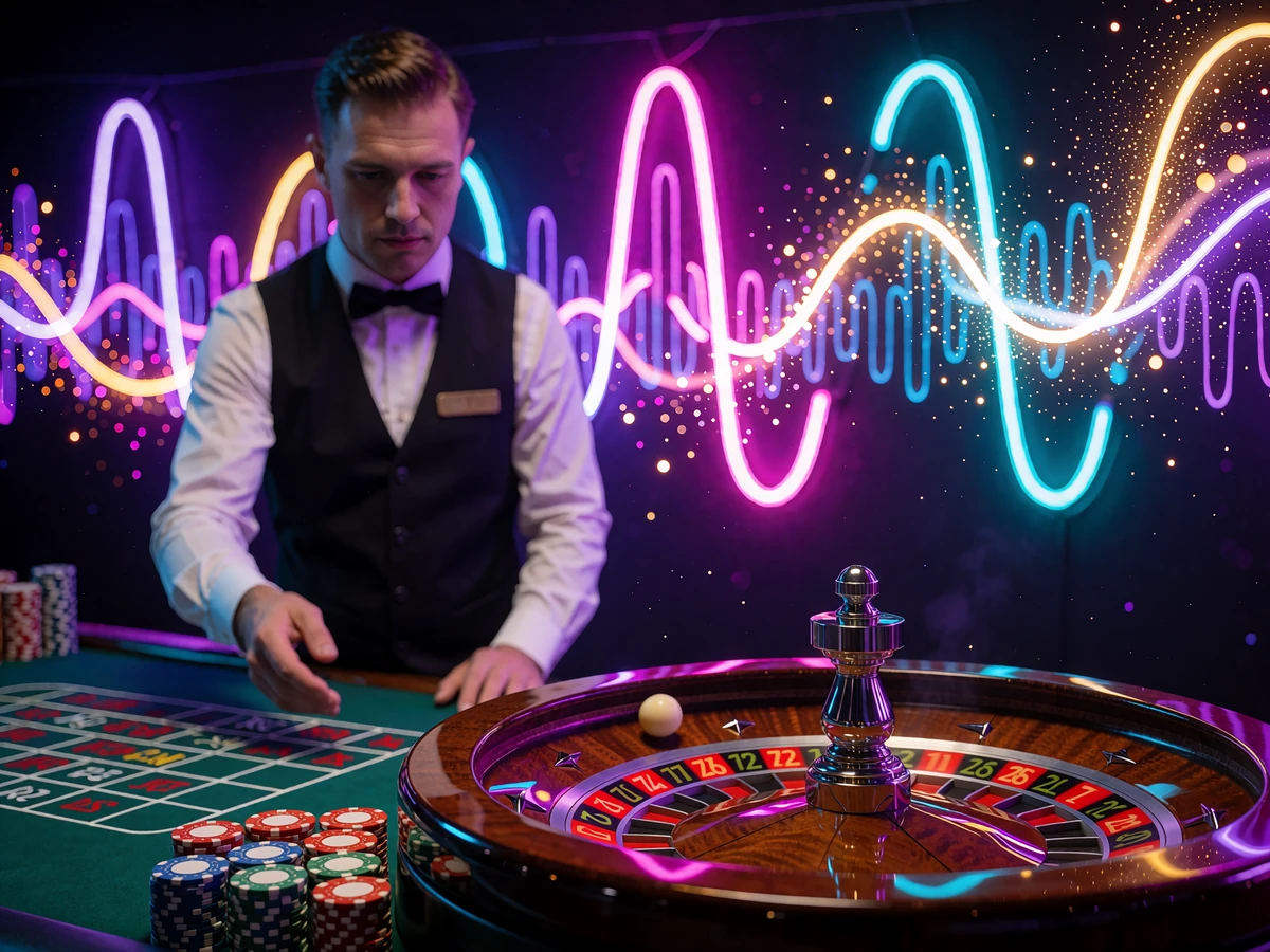 Croupier i sort vest bag et roulettehjul med en hvid kugle i bev&aelig;gelse og gr&oslash;nt filt med jetoner - live casino hos WinBeatz