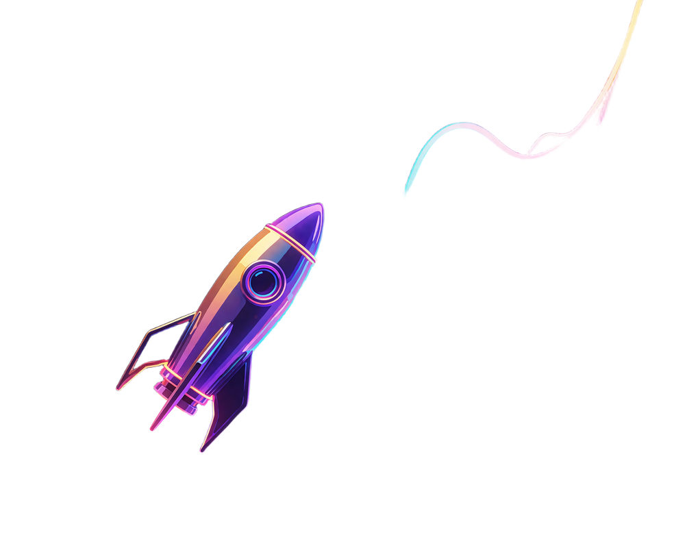 Lille raket med violette og gyldne paneler f&oslash;lger en stigende kurve af cyan og magenta lys - illustration af crash spil