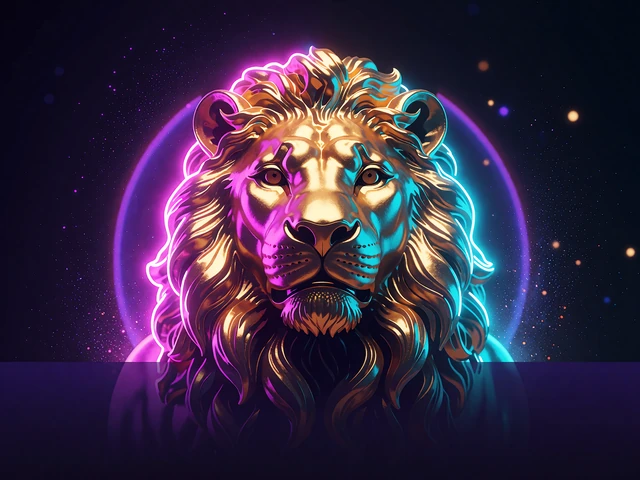 Gyldent l&oslash;vehoved med magenta og cyan kantlys og lilla glorie - illustration til slots med dyretema