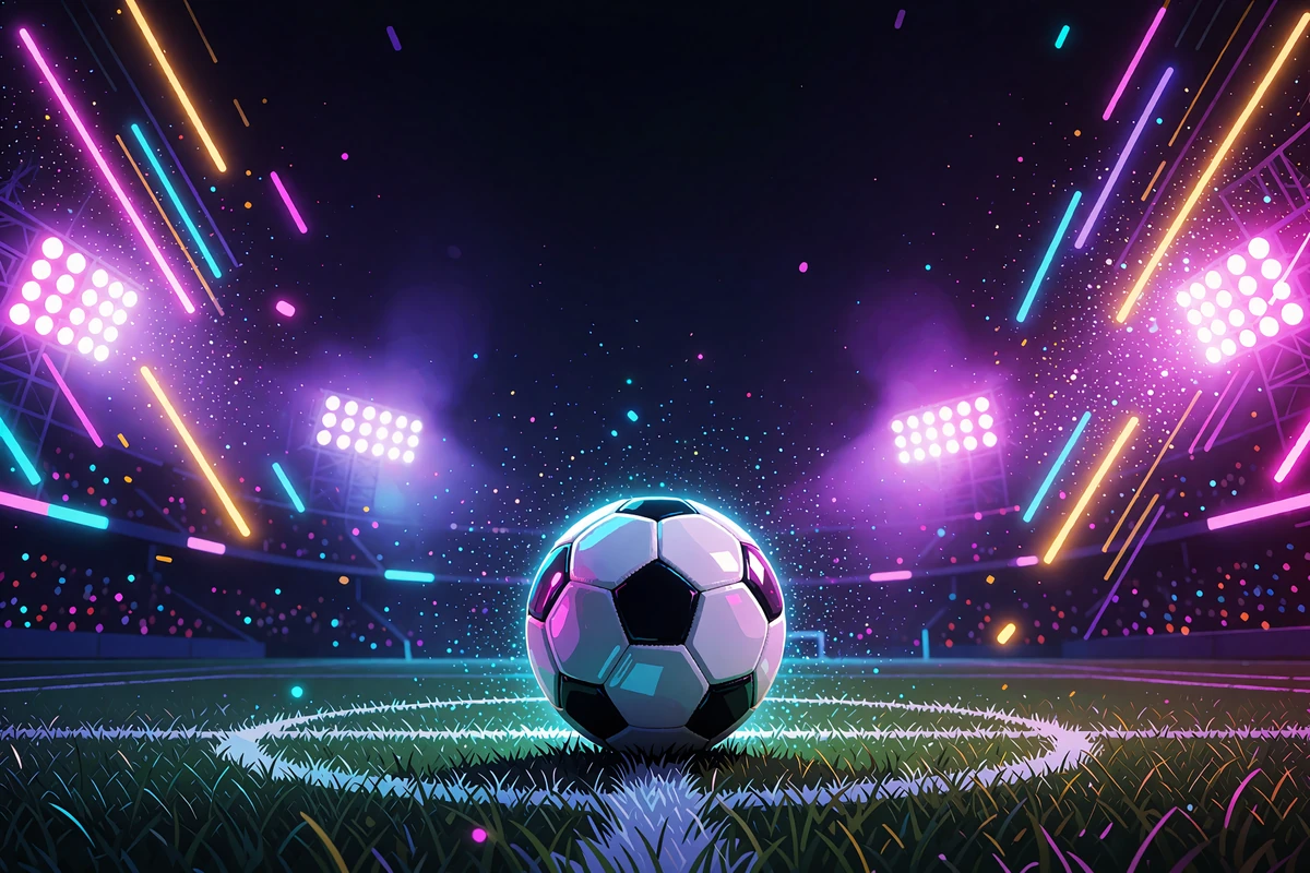 Sort-hvid fodbold p&aring; midtercirklen af en natbane med cyanfarvede linjer og lysmaster i violet - sportsbook hos WinBeatz