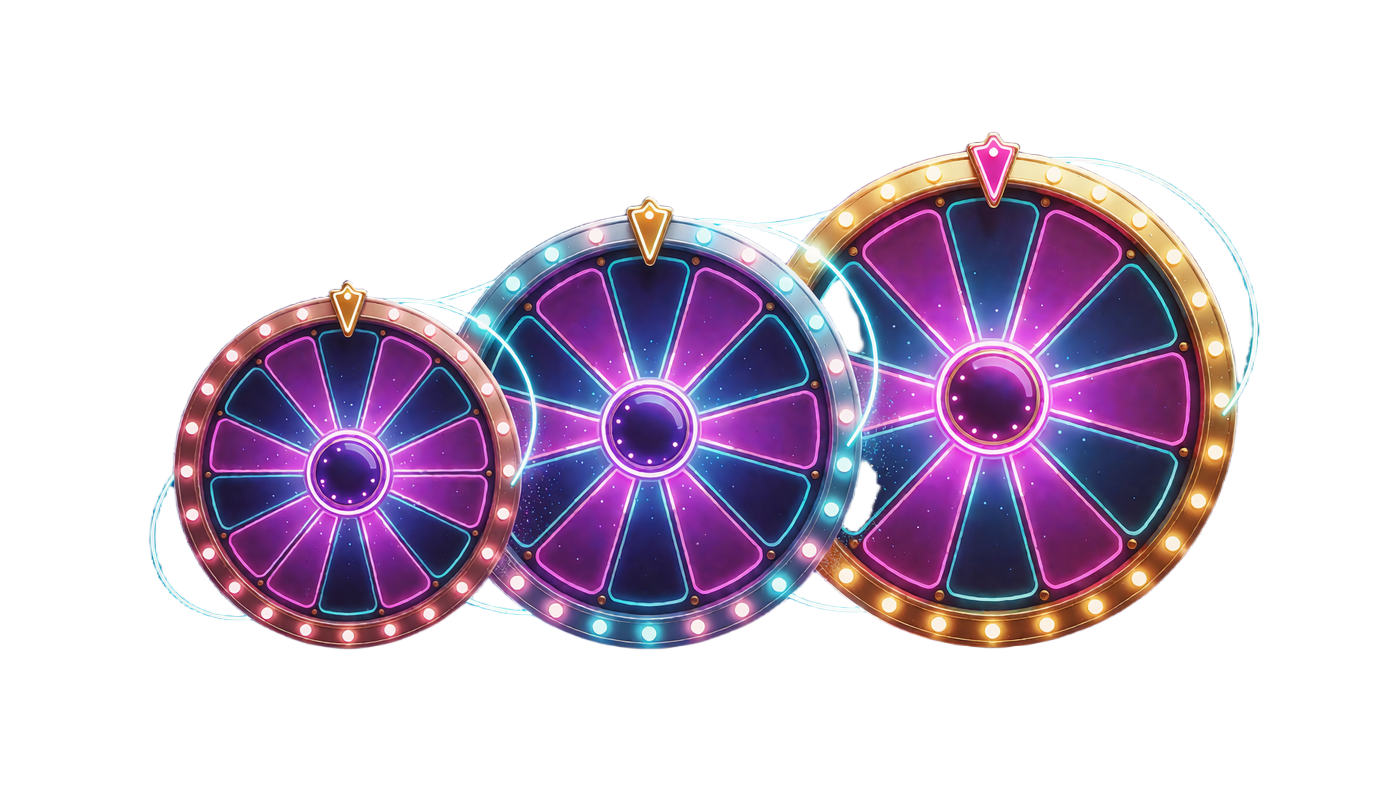 Tre neonlykkehjul i stigende st&oslash;rrelse med bronze-, s&oslash;lv- og guldkant - Wheel of Fortune hos WinBeatz Casino