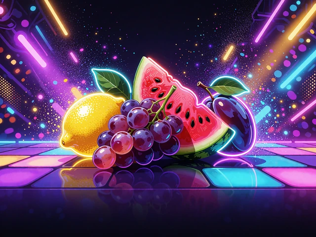 Neonfrugter med citron, druer og vandmelon p&aring; et lysende dansegulv - illustration til frugtslots hos WinBeatz