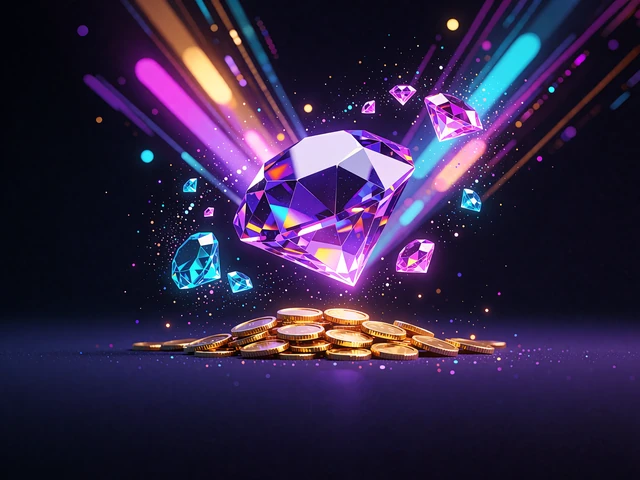 Lilla krystal sv&aelig;ver over guldm&oslash;nter med cyan og magenta &aelig;delsten - illustration til krystal-slots p&aring; WinBeatz Casino