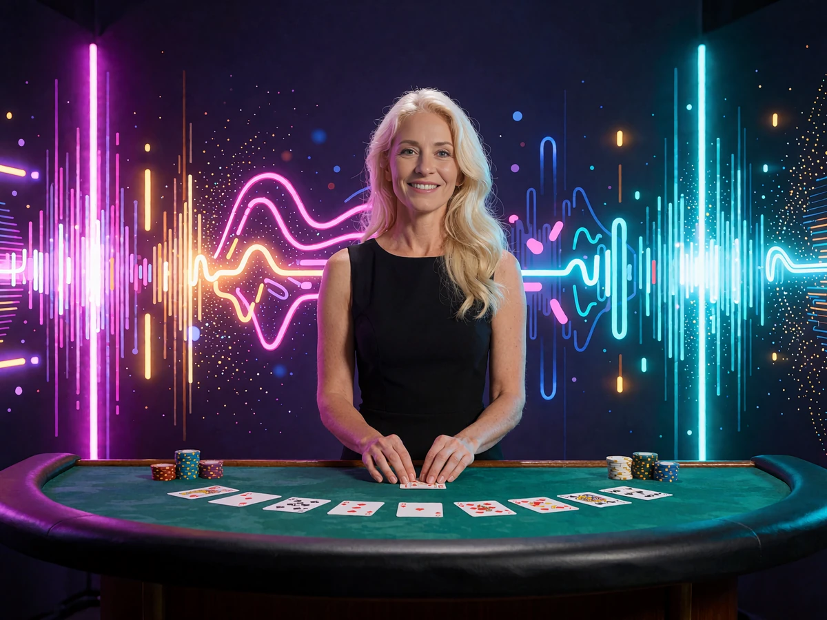 Smilende croupier ved et gr&oslash;nt blackjackbord med kort og jetoner foran neonlys - live casino hos WinBeatz Casino