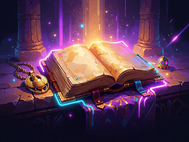 &Aring;ben gammel bog med gyldent lys og skarab&aelig;-amulet i lilla dis - illustration til book-slots i online casino