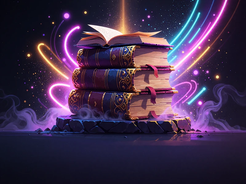 Tre lukkede gamle l&aelig;derb&oslash;ger med guldhj&oslash;rner p&aring; en m&oslash;rk piedestal, den &oslash;verste let &aring;ben med amber lys - Book Collection hos WinBeatz