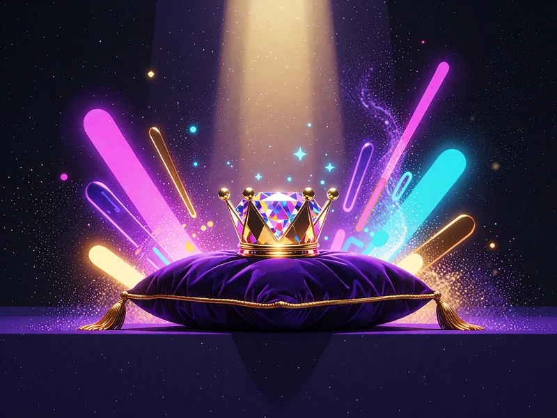 Stor facetteret gylden kronejuvel p&aring; en violet fl&oslash;jlspude med en s&oslash;jle af gyldent lys - illustration af jackpot-slots hos WinBeatz