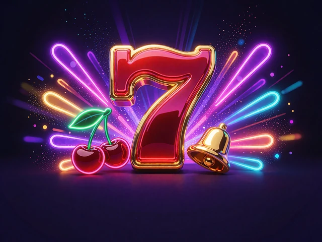 Neonillustration af et r&oslash;dt lucky seven-symbol med kirseb&aelig;r og guldklokke til en klassisk slot hos WinBeatz