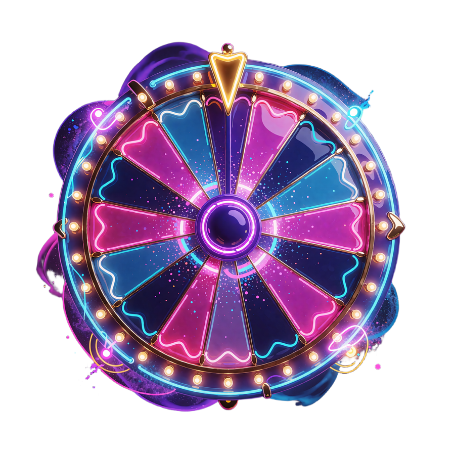 Neon lykkehjul med magenta og bl&aring; felter, guldp&aelig;rer og gylden viser - illustration af Wheel of Fortune hos WinBeatz