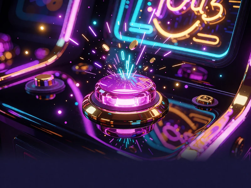 Stor gl&oslash;dende magenta arkadeknap med guldkant og gnister i cyan og violet - illustration af Buy Bonus i online slots