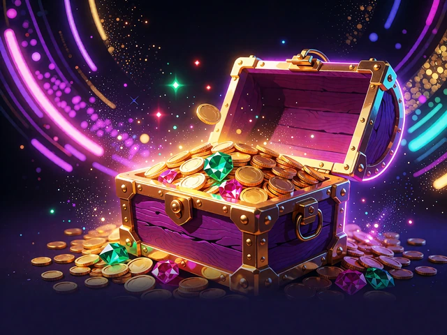 &Aring;ben skattekiste fyldt med guldm&oslash;nter, smaragder og rubiner - illustration til jackpot- og skatteslots online